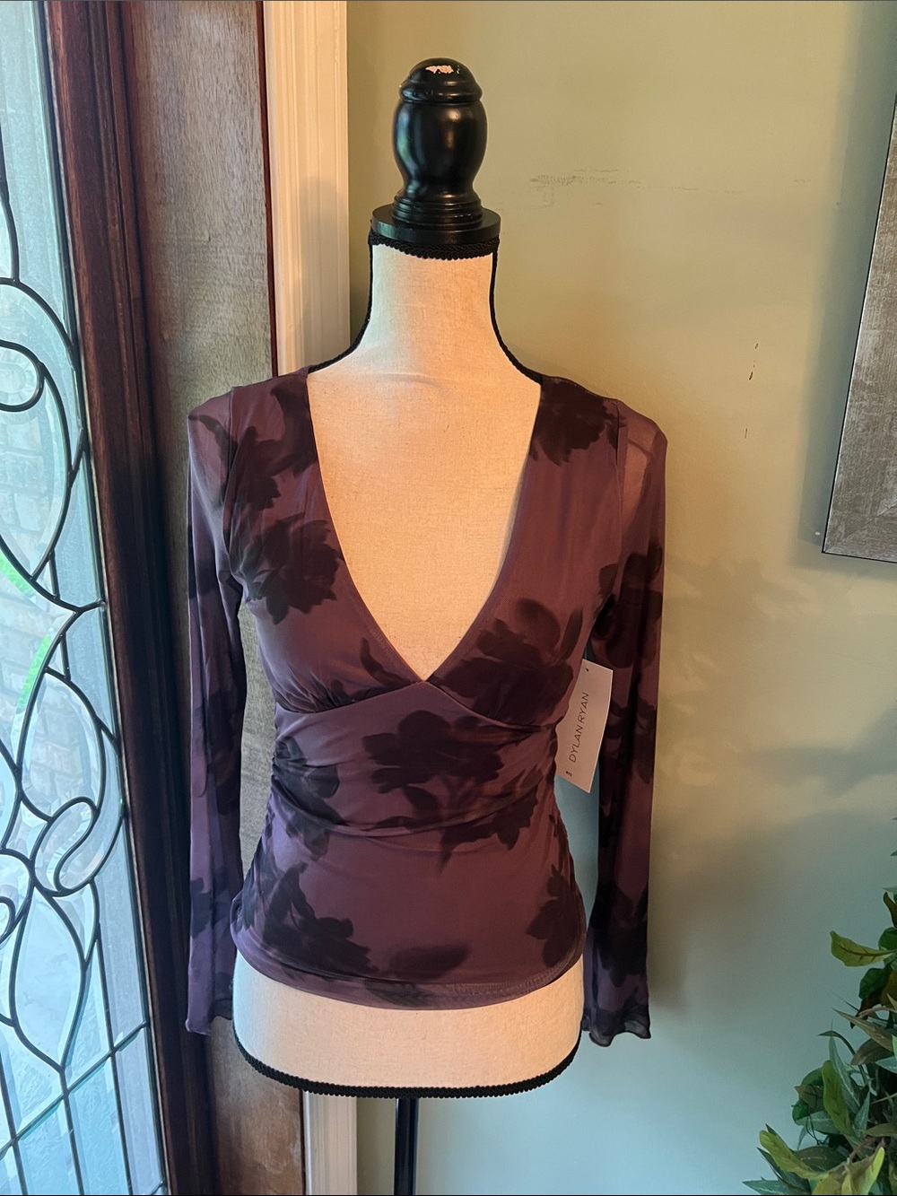 Plum Floral Wrap-Style Long Sleeve V-Neck Top